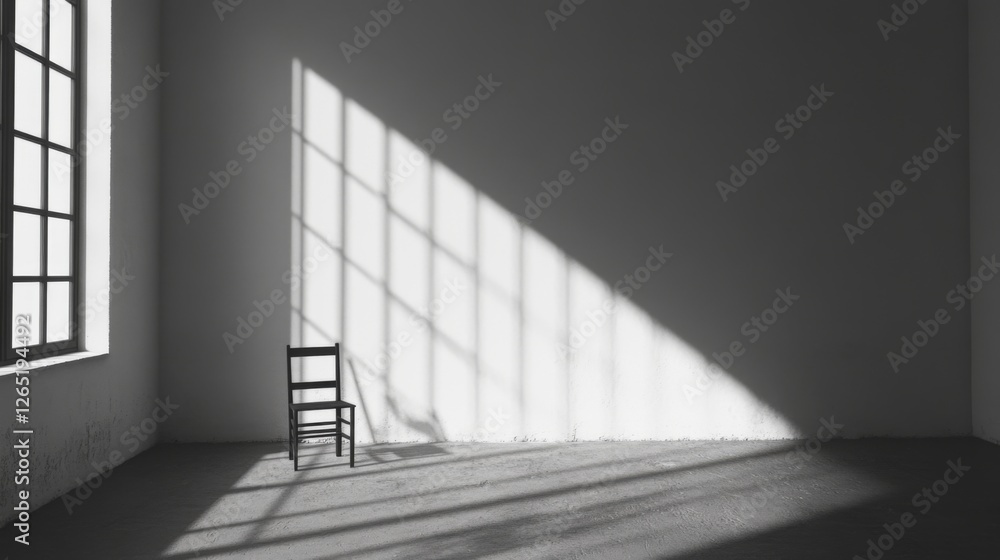 Obraz premium Sunlight streams into empty room, chair sits alone; design, interior