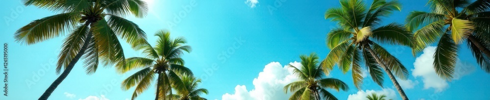Lush palm trees sway gently under a vibrant blue sky , warmth, blue Lush palm trees sway gently under a vibrant blue sky , warmth, blue