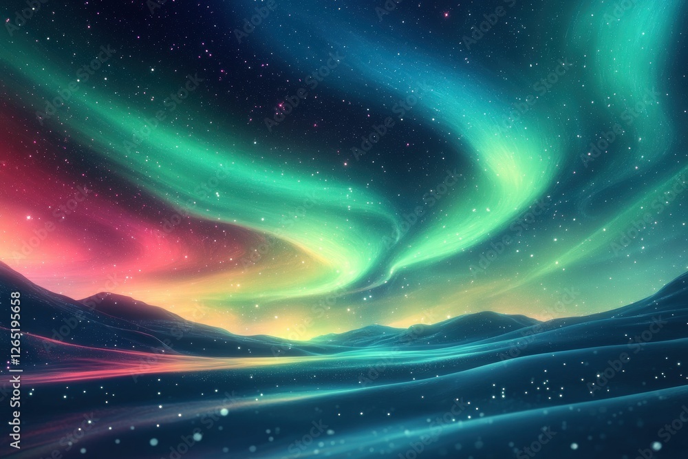 Obraz premium Aurora borealis illuminates snowy landscape, starry night.