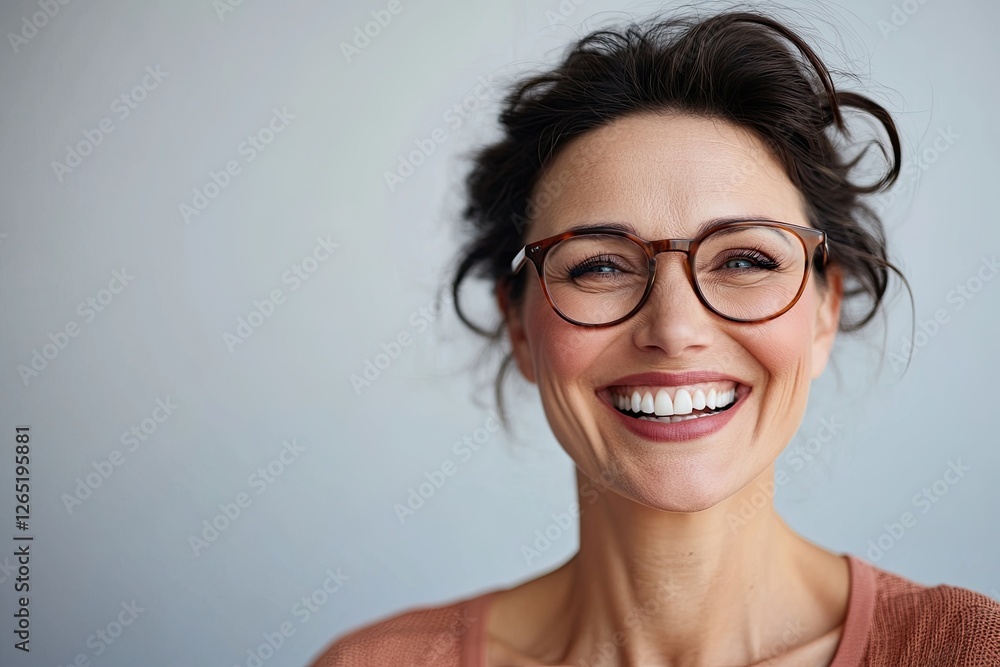 Close-up of a smiling, funny business woman wearing glasses Close-up of a smiling, funny business woman wearing glasses