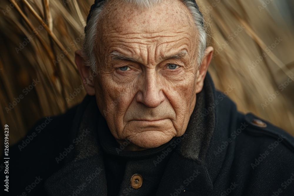 Elderly man with intense expression sitting against a blurred natural background during golden hour Elderly man with intense expression sitting against a blurred natural background during golden hour