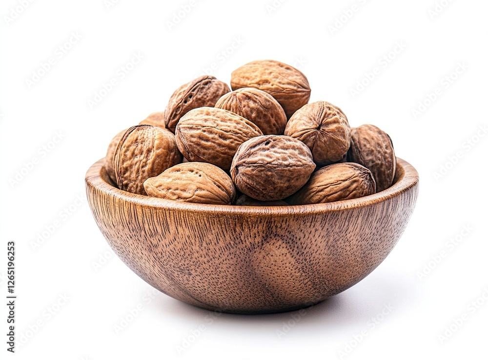 Nuts mixed in a wooden bowl, isolated on a white background with a clipping path, close-up view Nuts mixed in a wooden bowl, isolated on a white background with a clipping path, close-up view