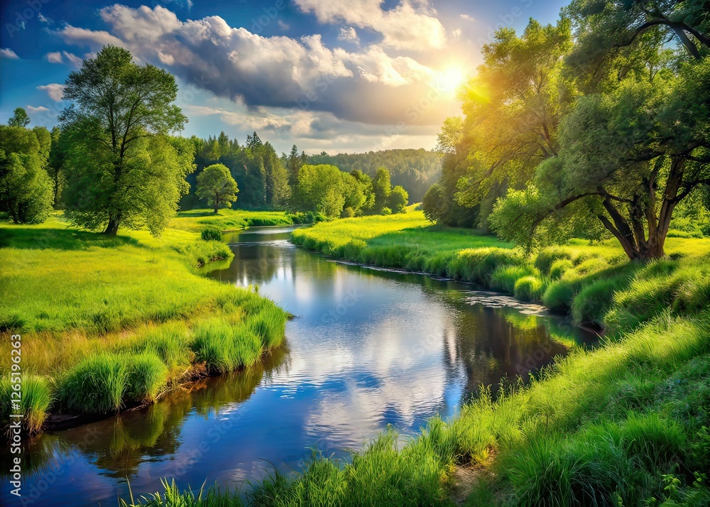 Serene River Landscape, Tranquil Forest Park, Peaceful Nature Photography Serene River Landscape, Tranquil Forest Park, Peaceful Nature Photography