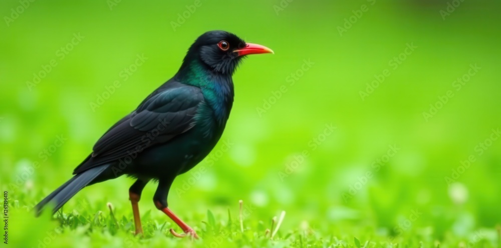 Sleek black bird, vibrant red beak, green grass backdrop, feet, beautiful, blackbird Sleek black bird, vibrant red beak, green grass backdrop, feet, beautiful, blackbird