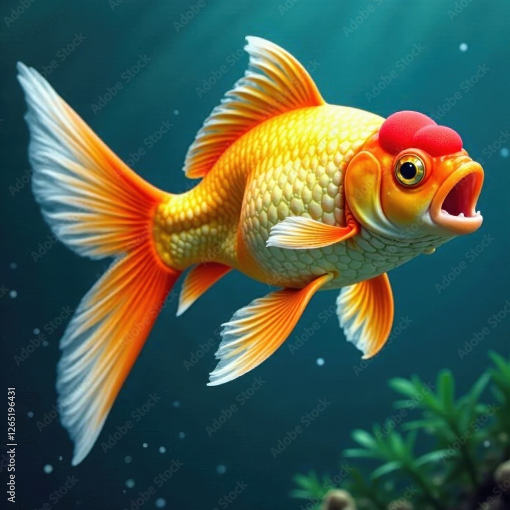 Fototapeta premium Single goldfish with open mouth, dynamic underwater pose, painted detail , vibrant colors, beautiful