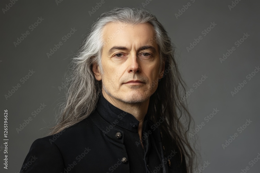 Mature man with long silver hair wearing a black jacket poses against a neutral background Mature man with long silver hair wearing a black jacket poses against a neutral background