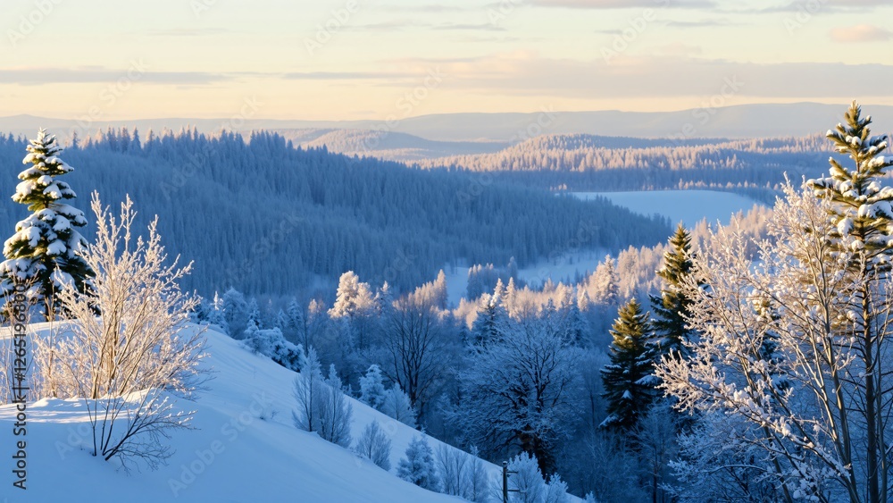 Serene Winter Landscape Snow-Covered Forest and Mountain Valley at Sunset Serene Winter Landscape Snow-Covered Forest and Mountain Valley at Sunset