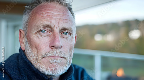 Serious mature man portrait, outdoors balcony, autumn background, profile photo