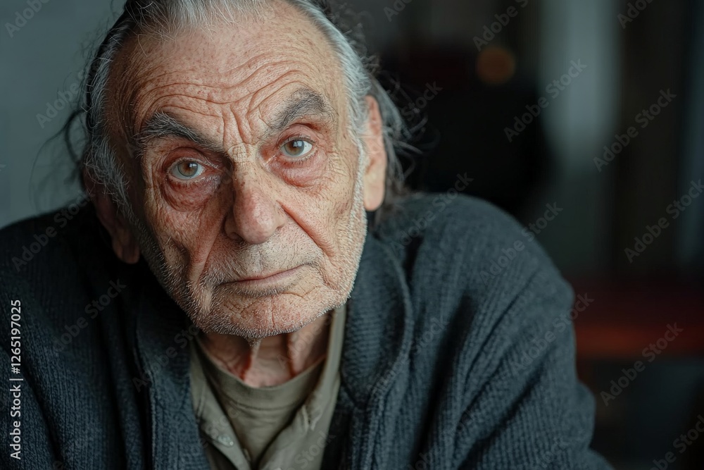 Expressions of wisdom captured in an elderly man's gaze during a quiet moment at home Expressions of wisdom captured in an elderly man's gaze during a quiet moment at home
