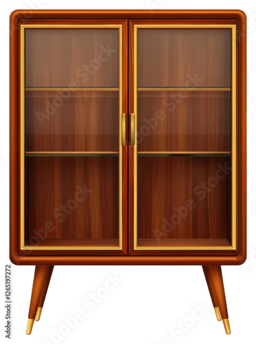 Vintage Wooden Cabinet with Glass Doors and Gold Trim on Transparent Background