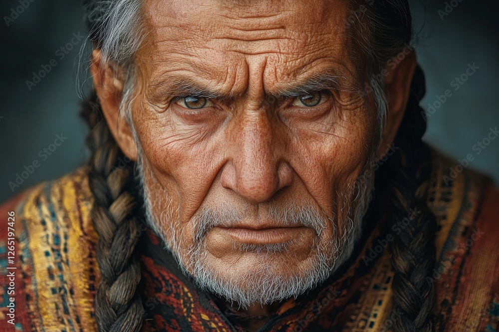 Elderly man with braids and intense gaze dressed in traditional attire reflecting cultural heritage and wisdom Elderly man with braids and intense gaze dressed in traditional attire reflecting cultural heritage and wisdom