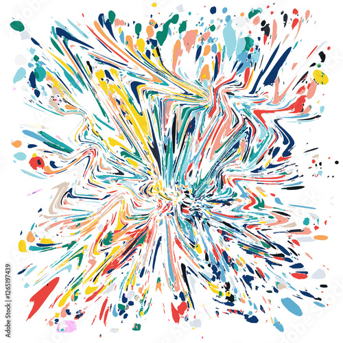 a vibrant abstract artwork with swirling patterns and splashes of blue, yellow, red, and green on a black background, creating a dynamic and energetic composition.