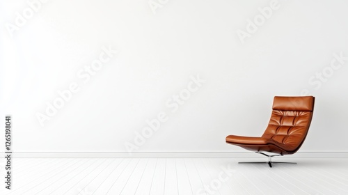 A minimalist image features a single, modern brown leather armchair centered against a bright white, empty wall, creating a clean and contemplative composition