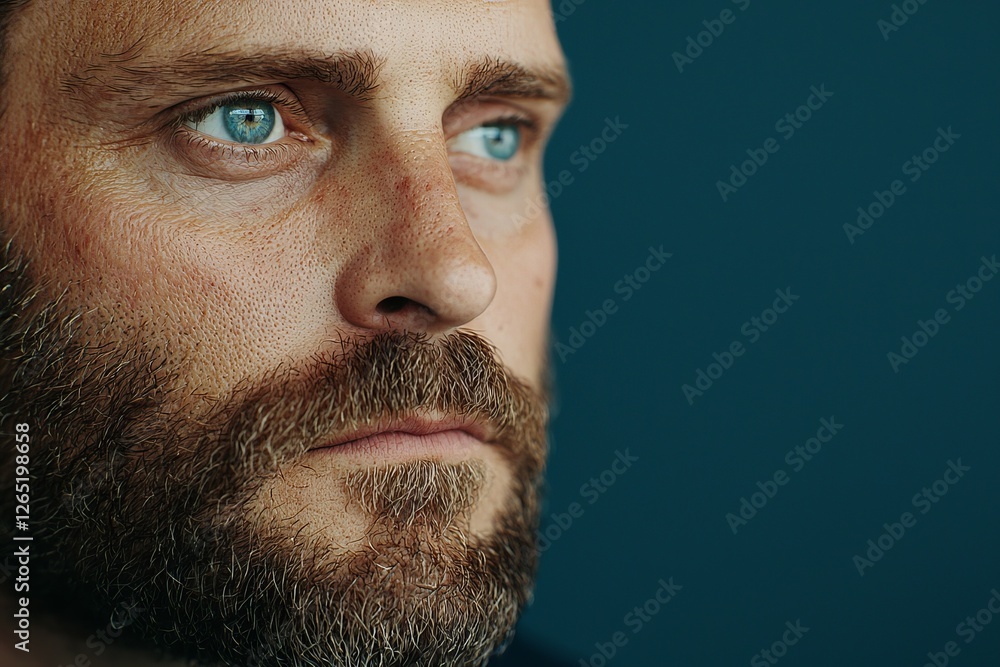 Obraz premium Close-Up of Bearded Man with Intense Blue Eyes in Thoughtful Expression