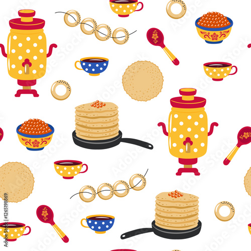 Russian Masnenitsa or Shrovetide. Set of vector design elements - pancakes, samovar, tea. Colorful seamless pattern for print on wrapping paper, textile, banner, poster, invitation.