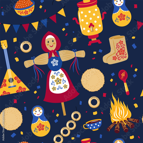 Russian Masnenitsa or Shrovetide. Set of vector design elements - pancakes, balalaika, scarecrow, samovar, matryoshka. Colorful seamless pattern on blue background.
