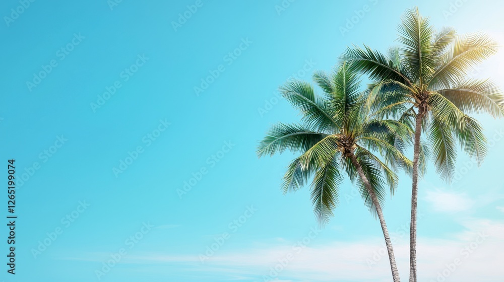 Obraz premium Two palm trees stand against a bright blue sky, evoking a tropical paradise and a sense of tranquility.
