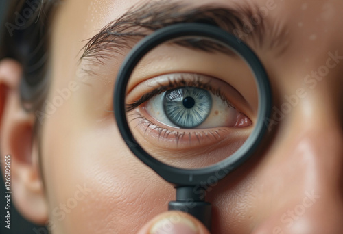 Person observing altered reality through magnifying glass, perception shift