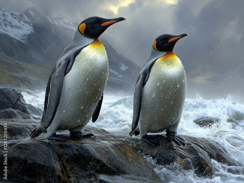 Fototapeta premium Majestic king penguins stand near ocean waves