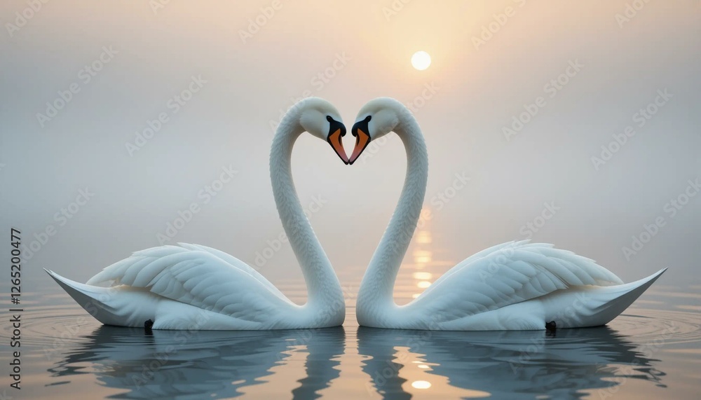 Fototapeta premium Romantic White Swans Forming a Heart on Water