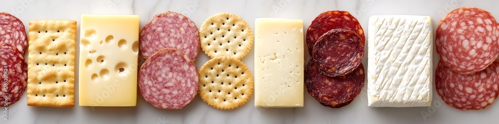 Obraz premium Overhead view of various cheeses, cured meats, and crackers displayed on a marble background.