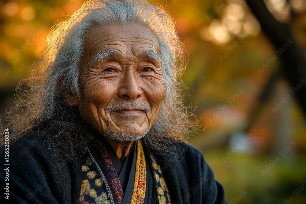 Elderly man smiling warmly in a peaceful garden during golden hour with vibrant autumn leaves in the background Elderly man smiling warmly in a peaceful garden during golden hour with vibrant autumn leaves in the background