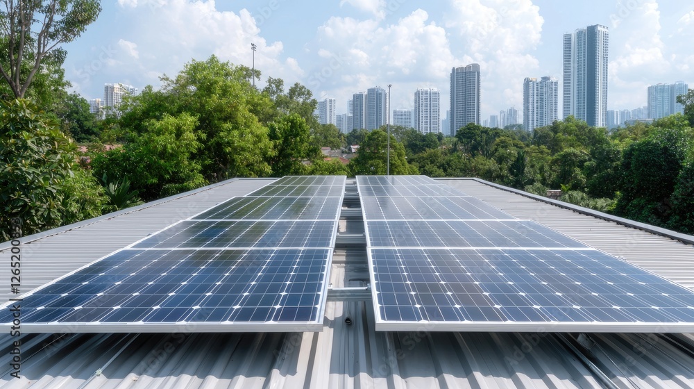 Fototapeta premium Solar panels on rooftop with cityscape background. Possible use for environment-friendly homes