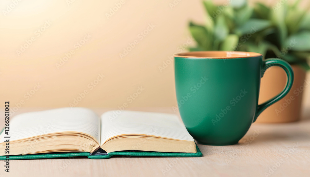 Open journal with green mug and plant on wooden table, creating calm atmosphere