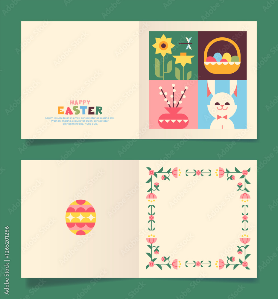 Vector greeting card concept. Happy Easter. Cute geometric style. Chick, eggs, flowers, spring, decor Vector greeting card concept. Happy Easter. Cute geometric style. Chick, eggs, flowers, spring, decor