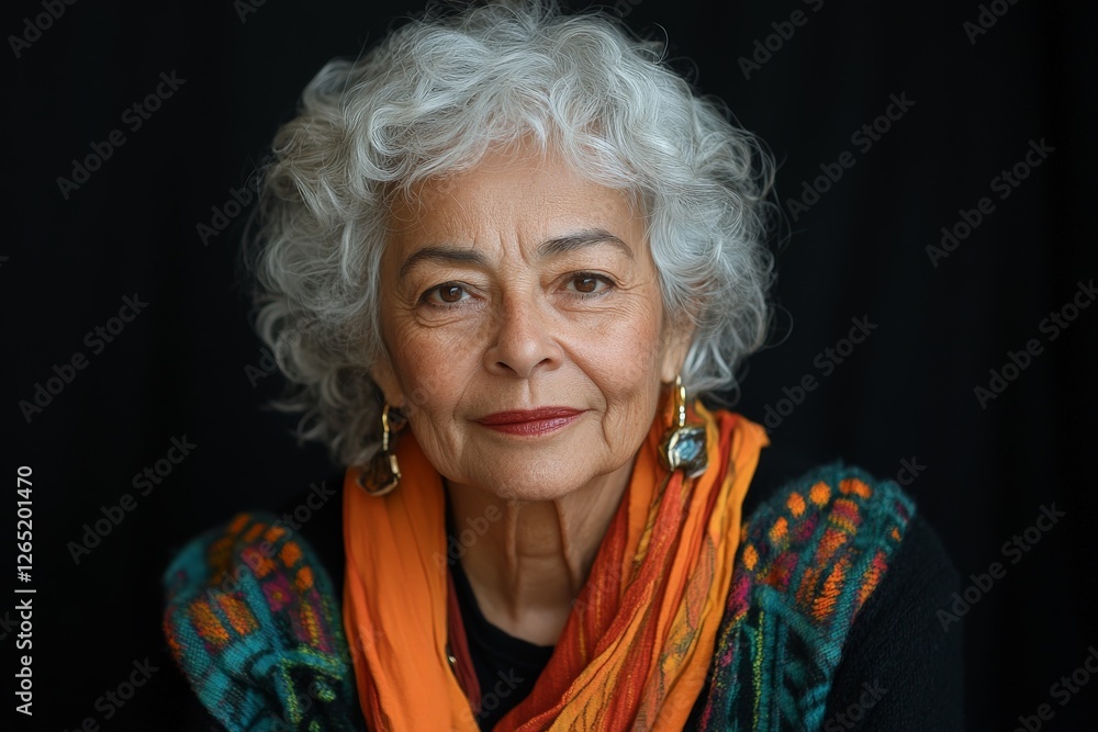 Elegant older woman with curly white hair wearing a colorful scarf poses against a dark background Elegant older woman with curly white hair wearing a colorful scarf poses against a dark background