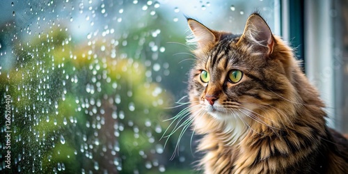 Tabby Cat Rainy Day Window Gaze - Adorable Pet Stock Photo