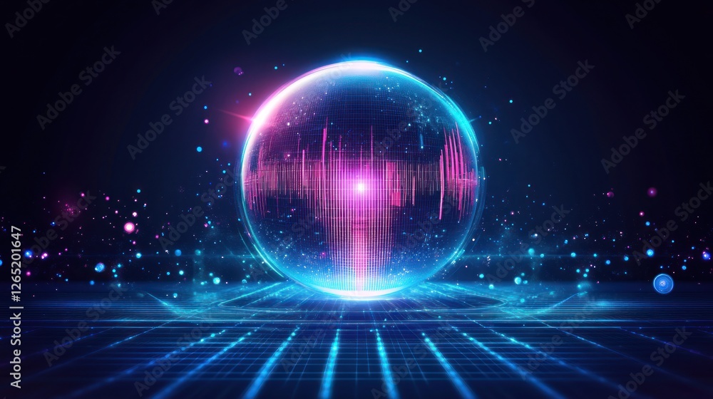 Fototapeta premium Abstract Glowing Sphere with Neon Grid: A Futuristic Technology Concept