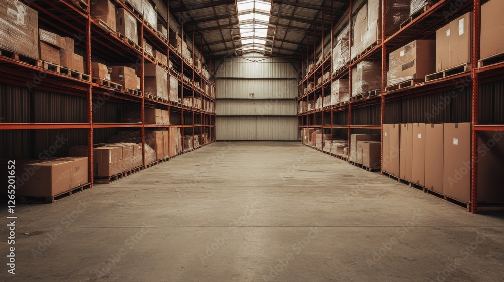 Fototapeta premium Empty warehouse aisle, cardboard boxes, storage, logistics