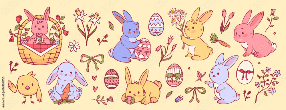 Vector set of Easter cute objects and elements: rabbits, eggs, flowers, ribbons, chick. Cute hand drawing happy Easter collection. Isolated background. Vector set of Easter cute objects and elements: rabbits, eggs, flowers, ribbons, chick. Cute hand drawing happy Easter collection. Isolated background.