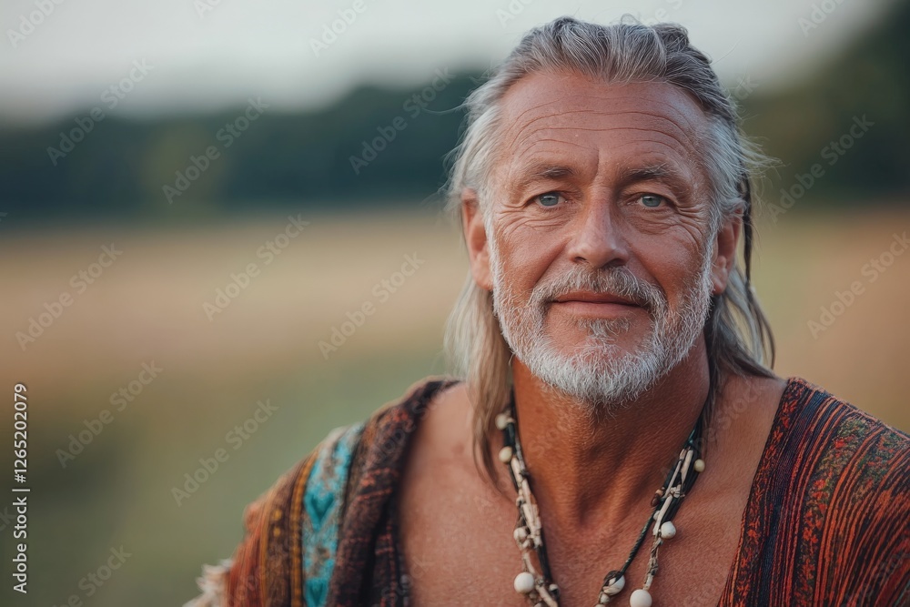 Portrait of a mature man with long gray hair in a nature setting during sunset Portrait of a mature man with long gray hair in a nature setting during sunset