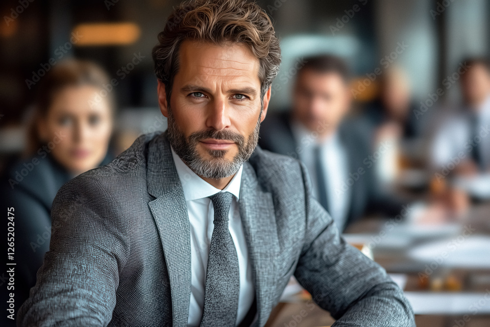 Confident businessman leading meeting dressed in sharp gray suit embodying professionalism and focused leadership Confident businessman leading meeting dressed in sharp gray suit embodying professionalism and focused leadership