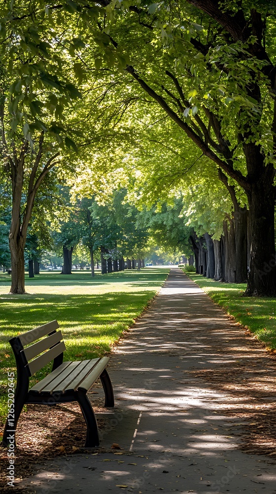 Peaceful Park Pathway with Wooden Bench and Sunlit Green Trees
Peaceful Park Pathway with Wooden Bench and Sunlit Green Trees