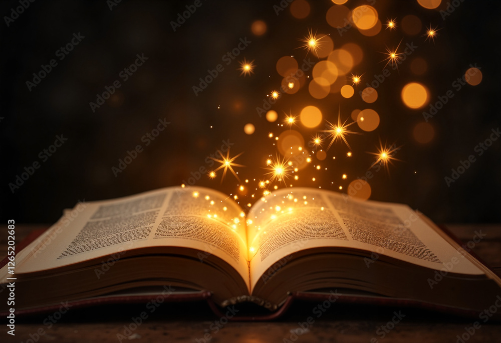 Open book with fluttering glowing pages, magical transformation Open book with fluttering glowing pages, magical transformation
