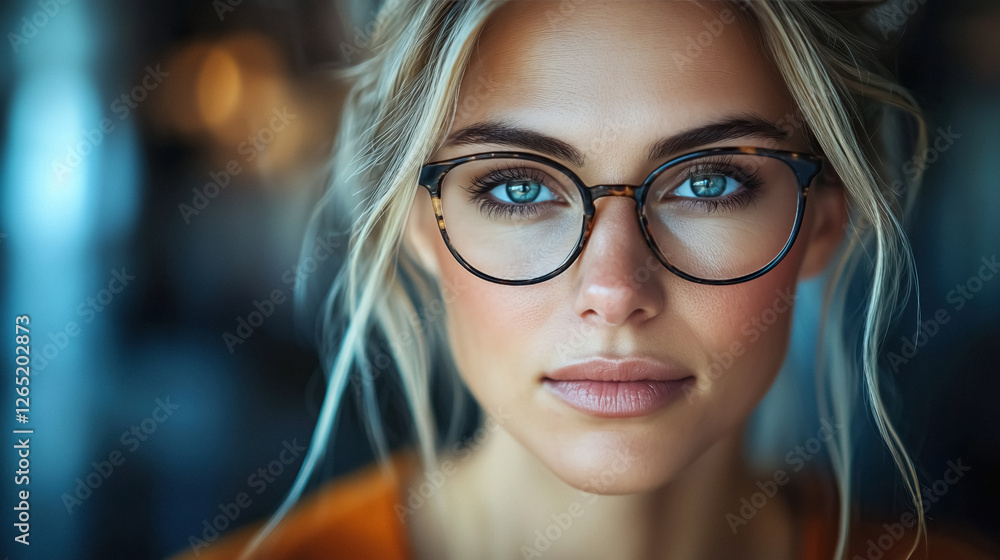 Portrait of beautiful blond woman with bright blue eyes wearing glasses demonstrating balance of style and intelligence Portrait of beautiful blond woman with bright blue eyes wearing glasses demonstrating balance of style and intelligence