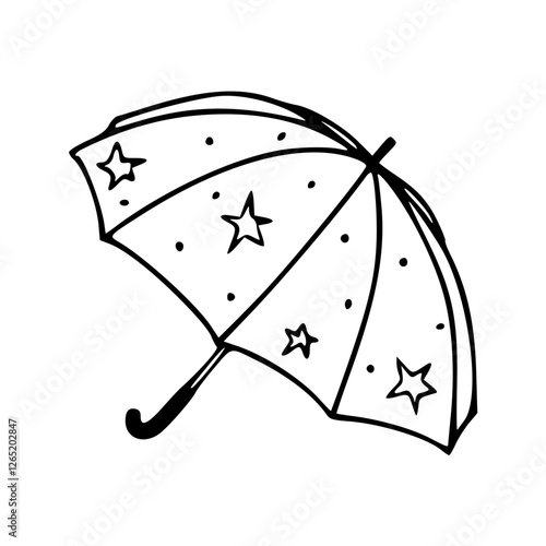 a black and white drawing of a cute umbrella with star motif's