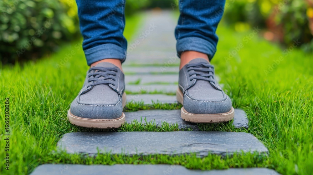 A person in stylish shoes stands on a stone path, surrounded by lush green grass and plants, enjoying a serene outdoor moment. A person in stylish shoes stands on a stone path, surrounded by lush green grass and plants, enjoying a serene outdoor moment.