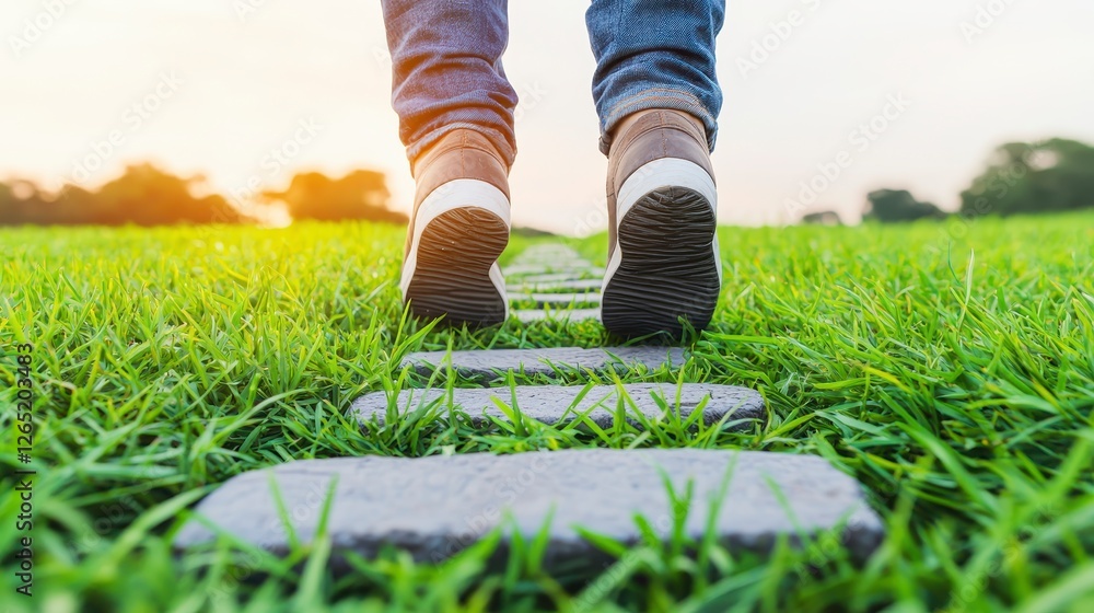 A person walks along a stone path through lush green grass under a bright sky, symbolizing nature and exploration. A person walks along a stone path through lush green grass under a bright sky, symbolizing nature and exploration.