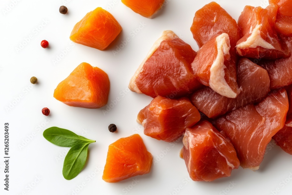 Fresh cubes of red meat and orange vegetables with spices on white background for culinary and cooking concepts Fresh cubes of red meat and orange vegetables with spices on white background for culinary and cooking concepts