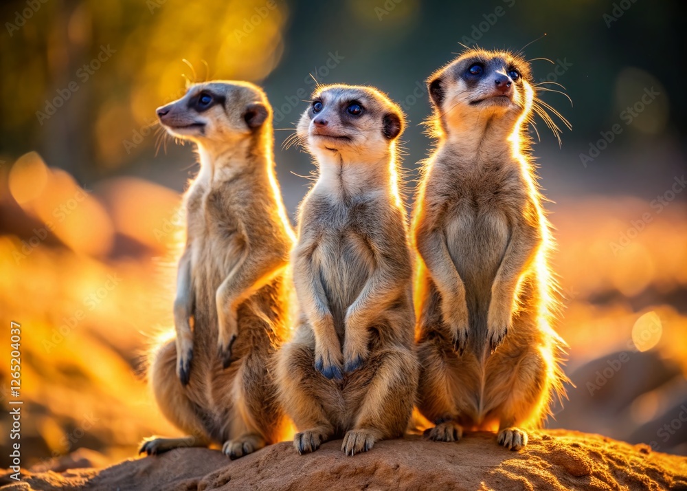 Three Meerkats in Desert Landscape - Candid Wildlife Photography Three Meerkats in Desert Landscape - Candid Wildlife Photography