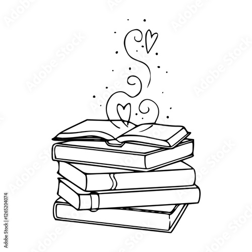 a black and white drawing of a stack of books with love