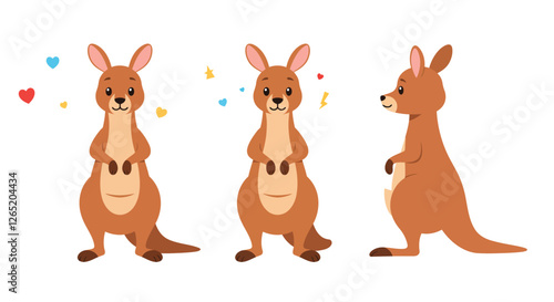 The kangaroo transitions from joyful to neutral, showcasing a range of playful emotions in vector illustration.