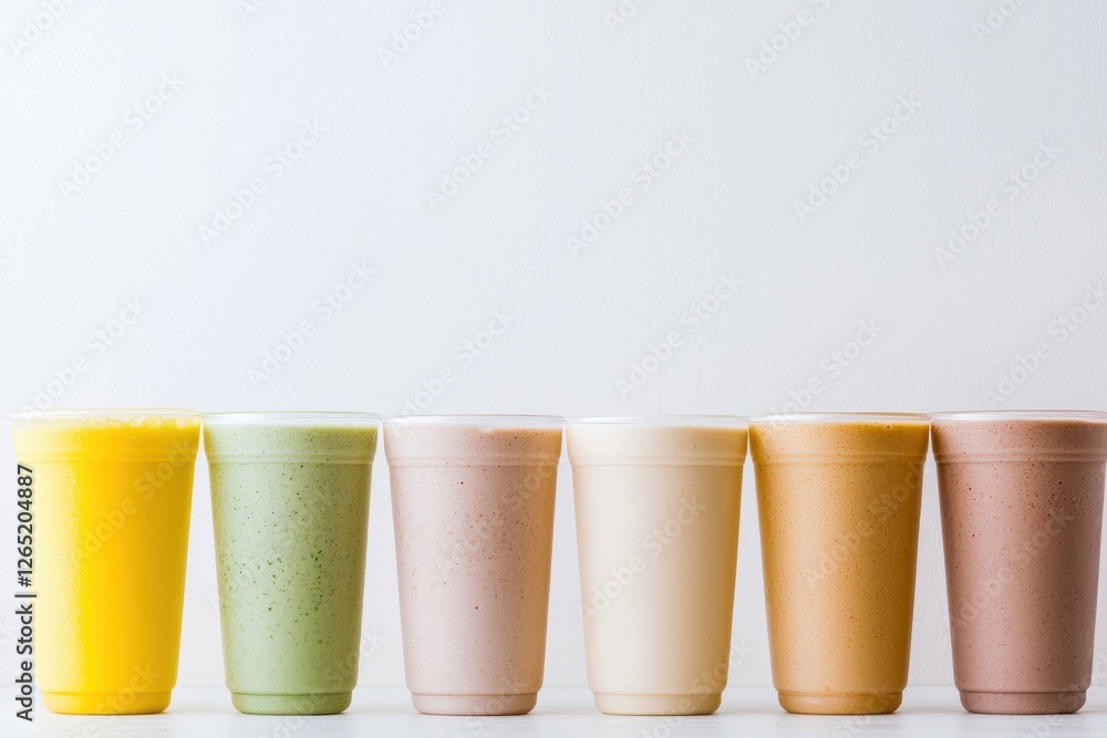Vibrant Array of Fresh Smoothies in Colorful Disposable Cups on White Background Vibrant Array of Fresh Smoothies in Colorful Disposable Cups on White Background