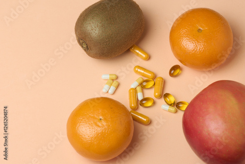 Capsules, and various fruits vitamin supplement