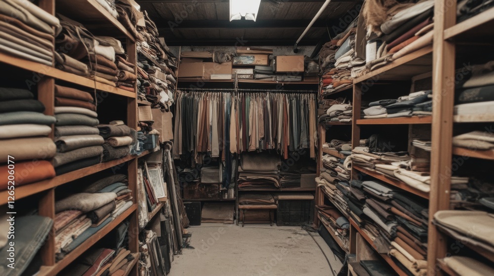 Obraz premium Fabric warehouse storage; textiles, clothing, workshop