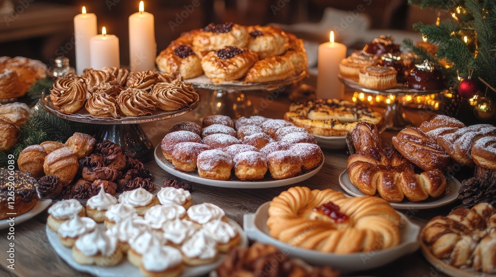 A table full of Hanukkah treats, including traditional pastries and candles A table full of Hanukkah treats, including traditional pastries and candles